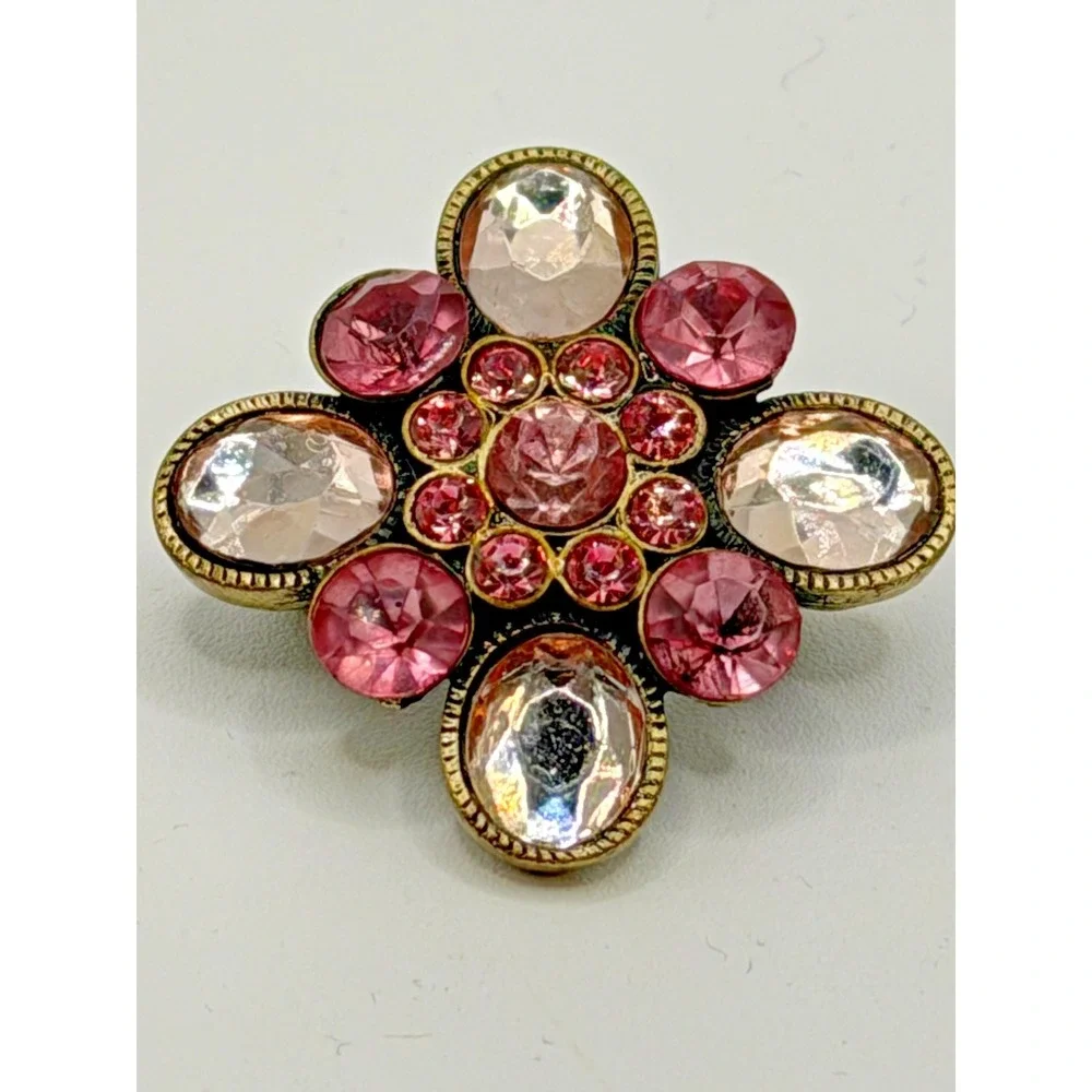 Vintage Pink and White Rhinestone Brooch Floral Design